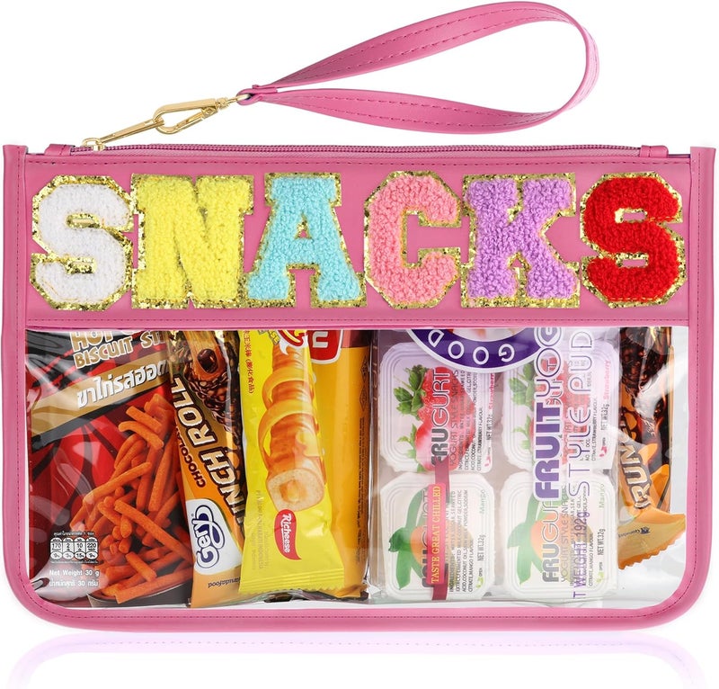 TESAFNG Snack Bag for Travel - Clear Chenille Varsity Letter Flat Pouch with Zipper, 12.2×8.46 inch Waterproof Clear Nylon Preppy Patch Makeup Cosmetic tote Bags for Women Girls - Image 1
